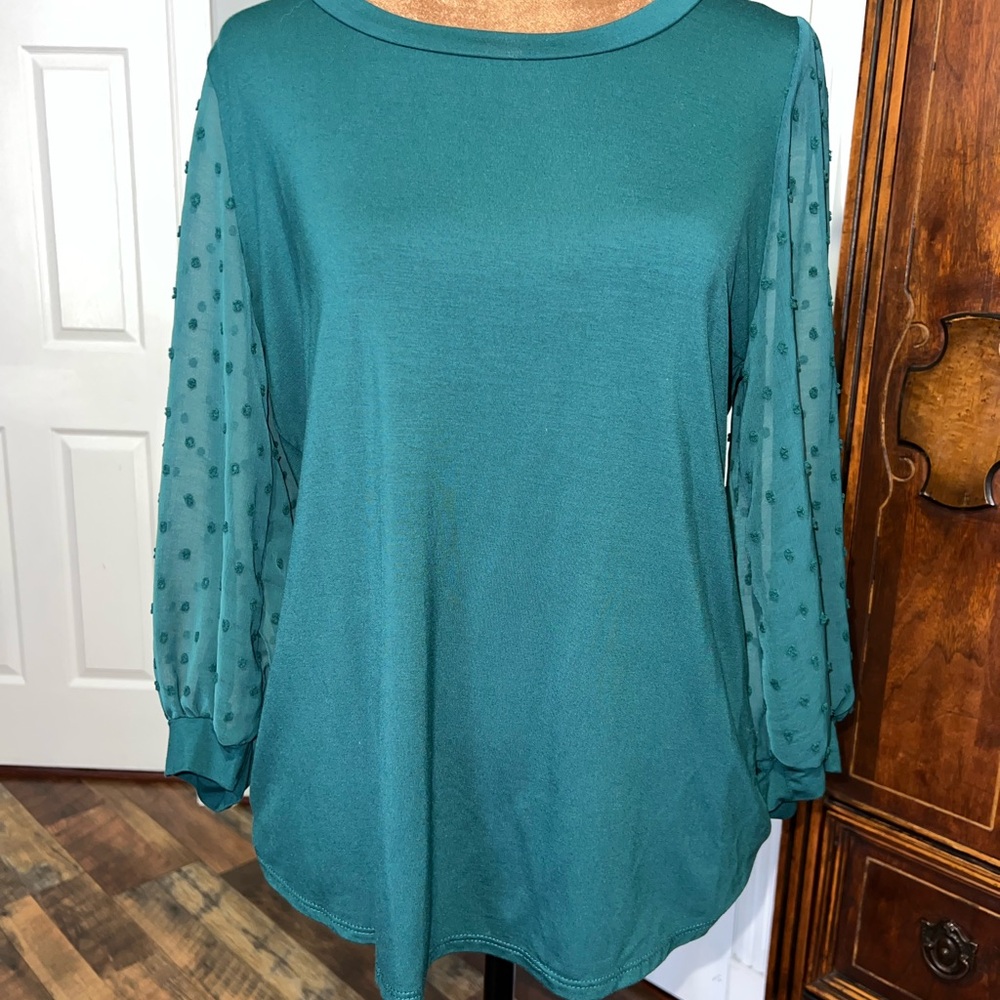 Chic green Women's Blouse with Textured Sheer Sleeves